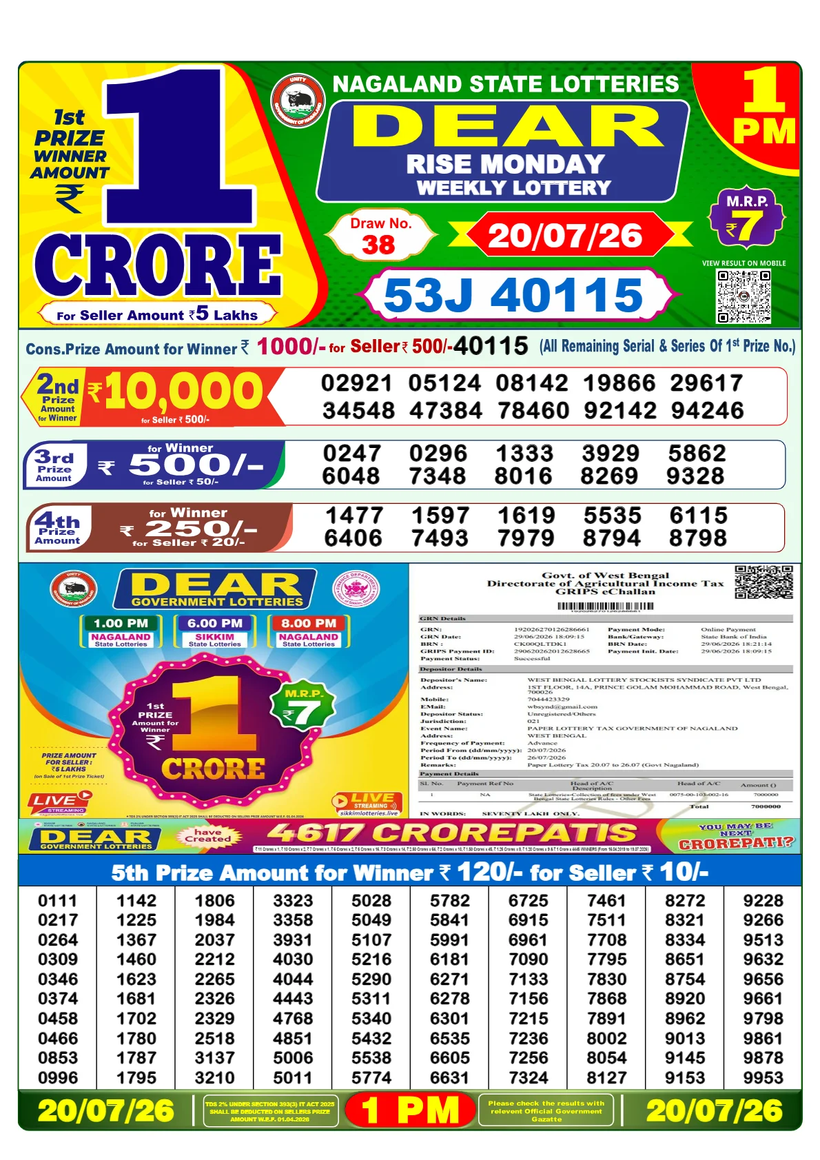 Nagaland Lottery Result 20-07-2026 1pm